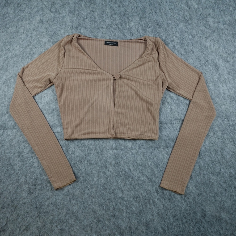 Naked Wardrobe Top Womens S/M? Tan Ribbed V Neck Single Button Crop Long Sleeve